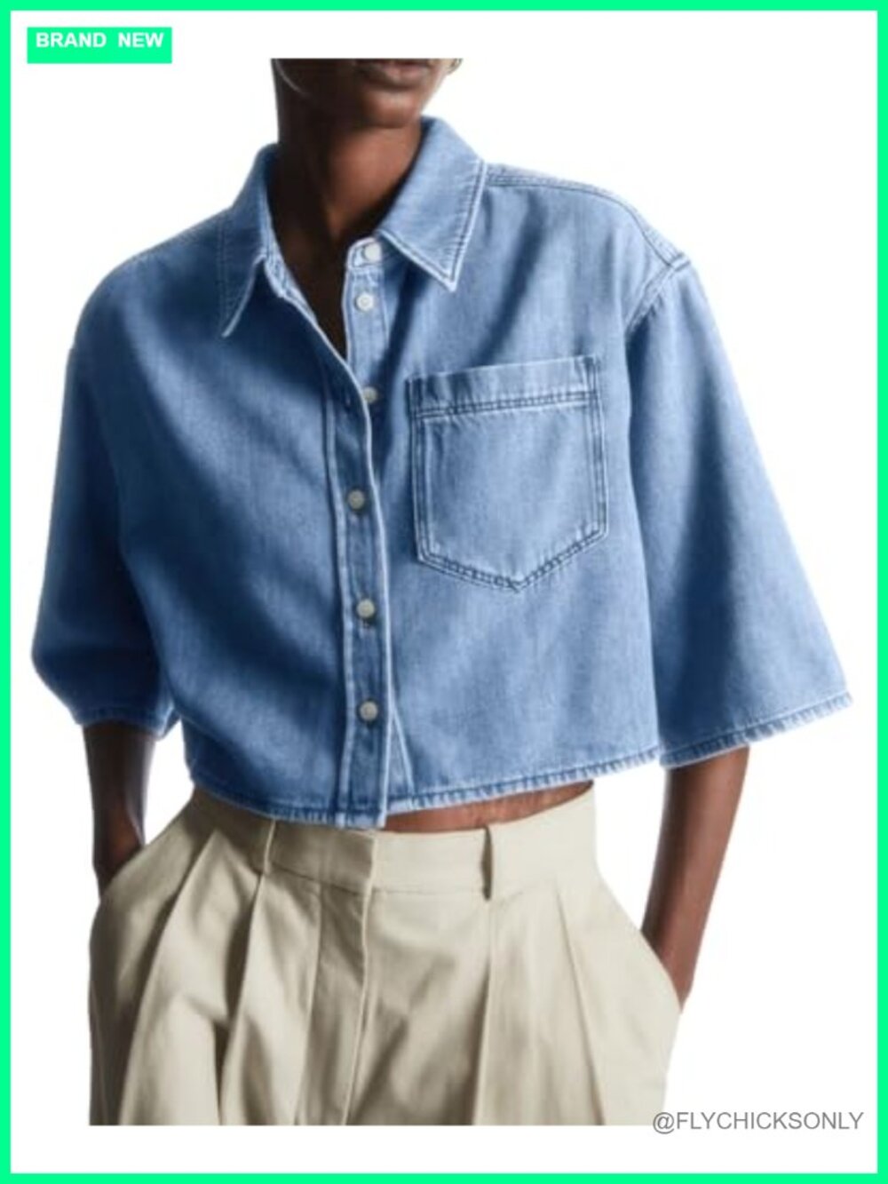 Womens Denim Button Down Crop Top Half Sleeve Relaxed Fit Jean Shirt